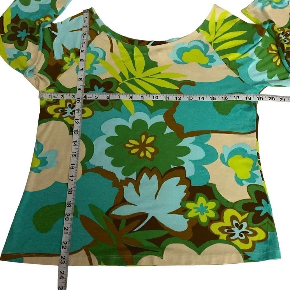 Judy Lee Cole Top Scoop Neck Tropical Aqua Green Yellow White Floral Print XL - Picture 5 of 9
